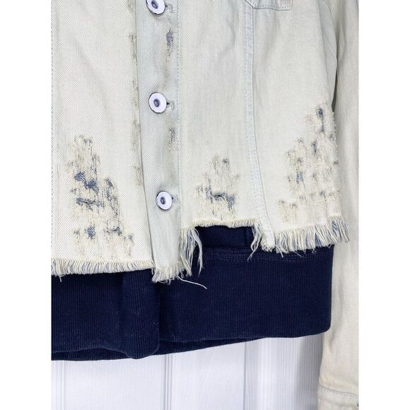 Free People Women's Double Weave Denim Jacket Very Distressed‎ Navy White XS New - Picture 3 of 9